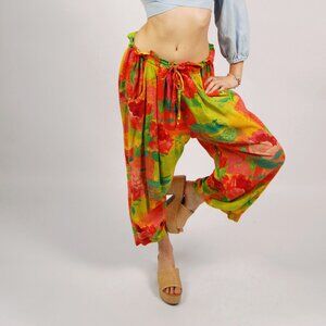 90s Watercolor Pants (L) large yellow red vintage womens palazzo artsy colorful